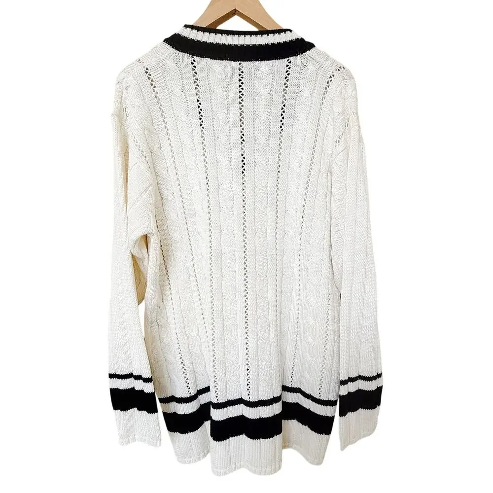 VTG Escada Cable Knit Cricket Sweater Mens US L White Navy Blue Tennis Cotton